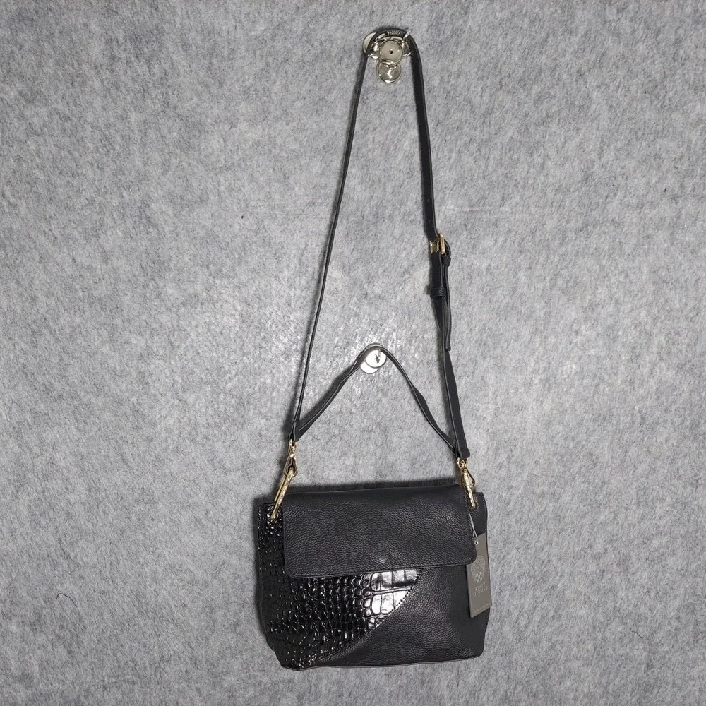 Vince‎ Camuto Crossbody Bag Black Pebbled Leather Croc Embossed Chain Handbag